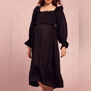 Frances Hart Maternity Maxine Smocked 100% Linen Ruffled Midi Dress Black